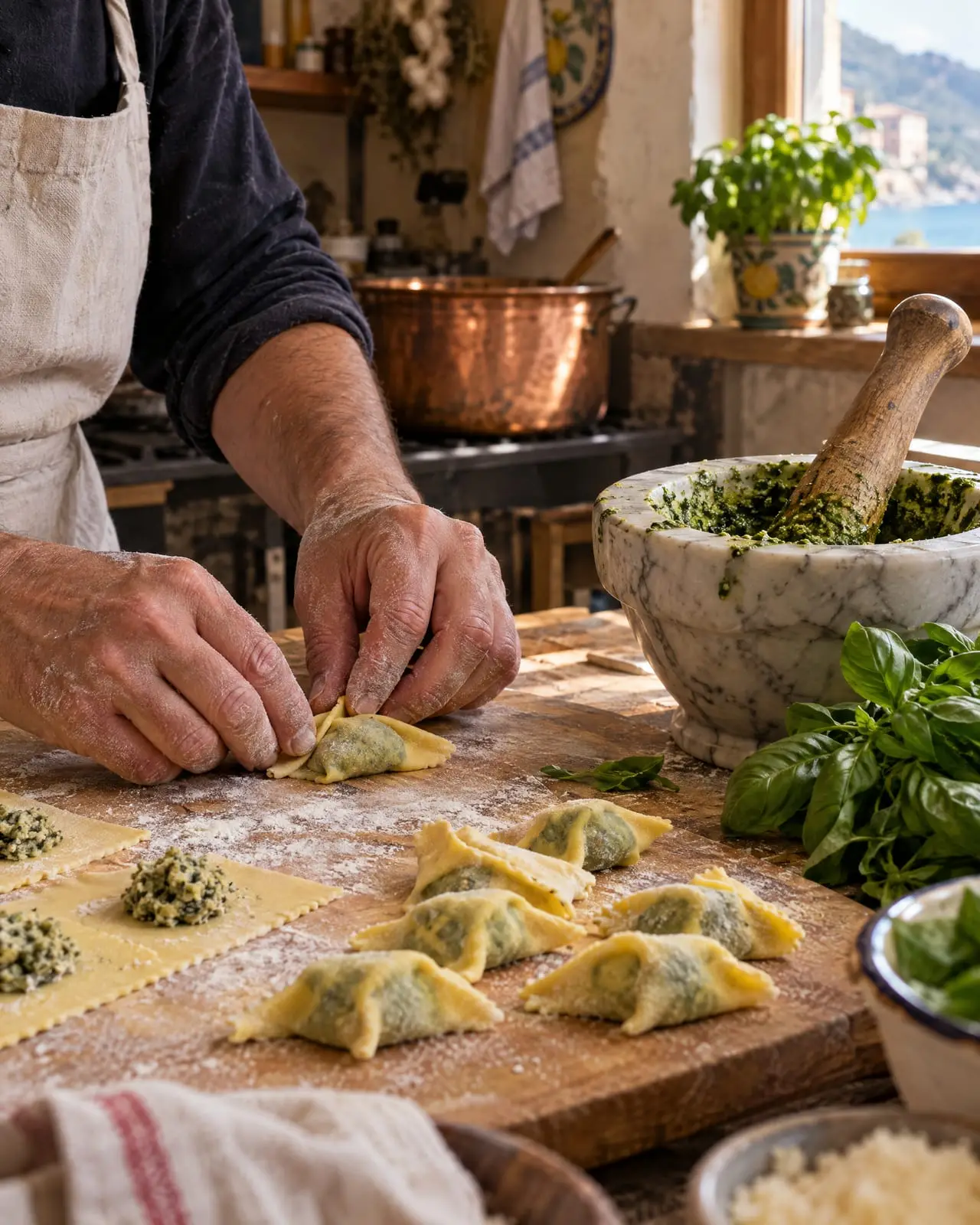 Mani che chiudono i pansoti, accanto al mortaio del pesto