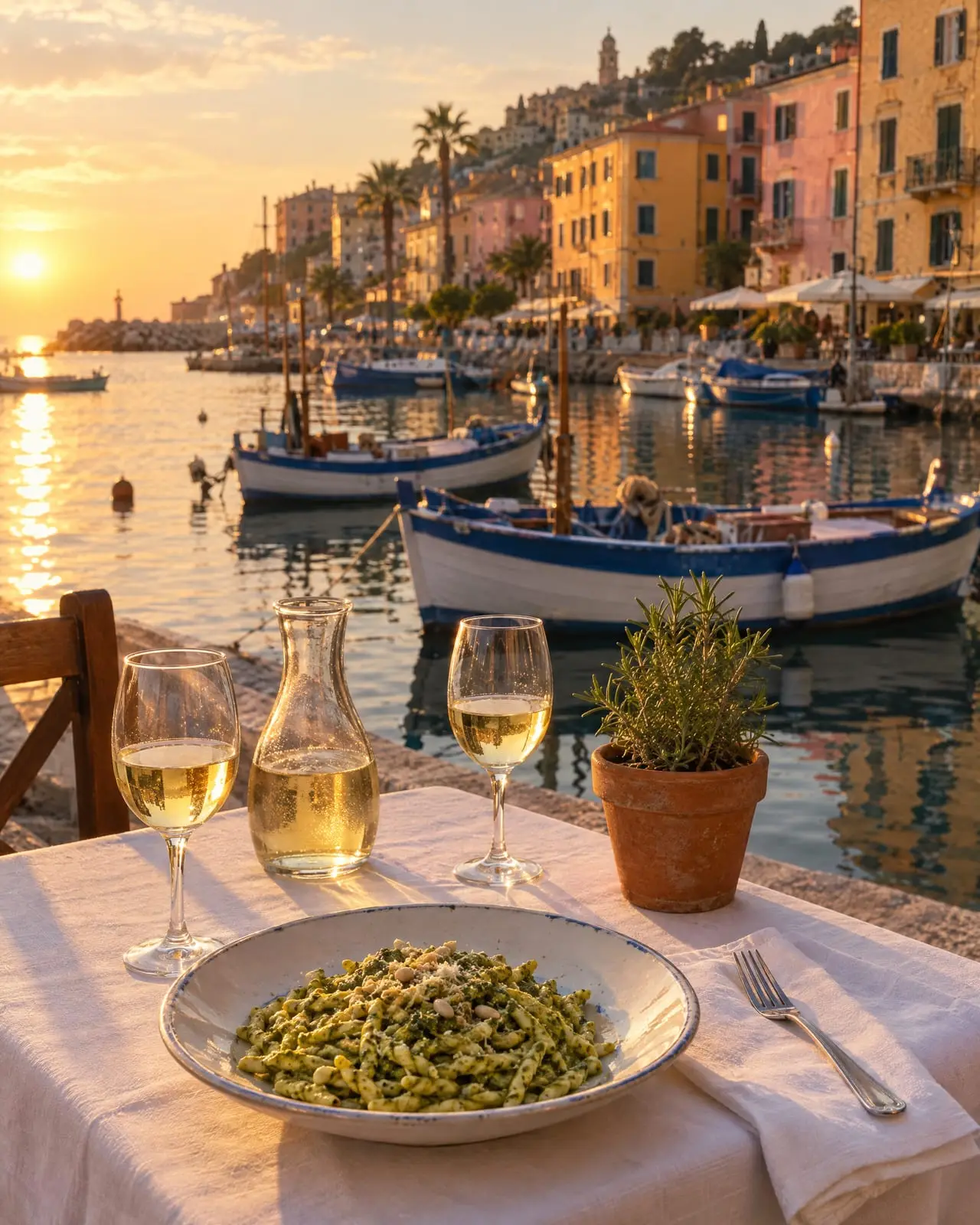 Tavolo apparecchiato sul porto di Sanremo al tramonto, con i gozzi ormeggiati