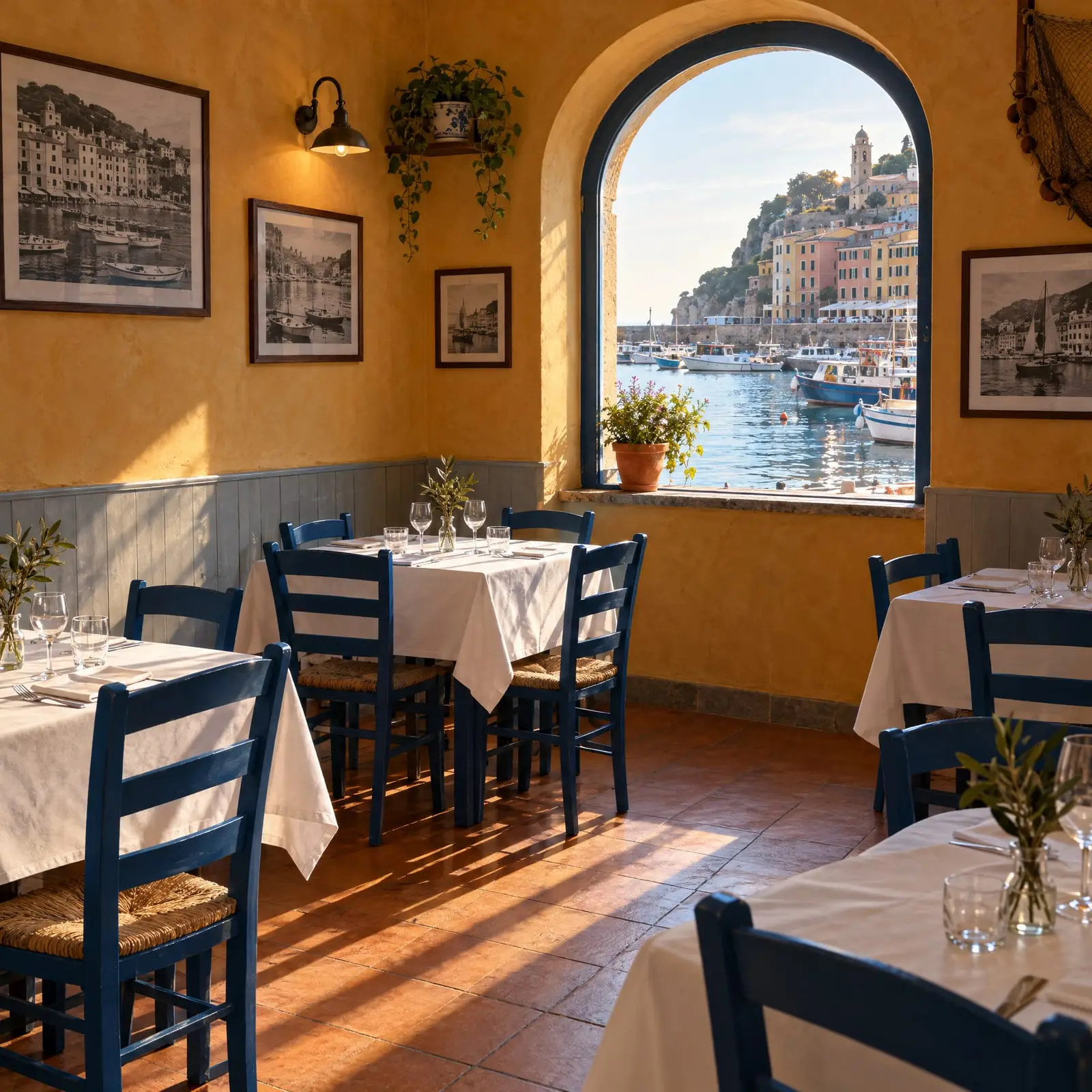 La sala, con le pareti color ocra e la finestra sul porto