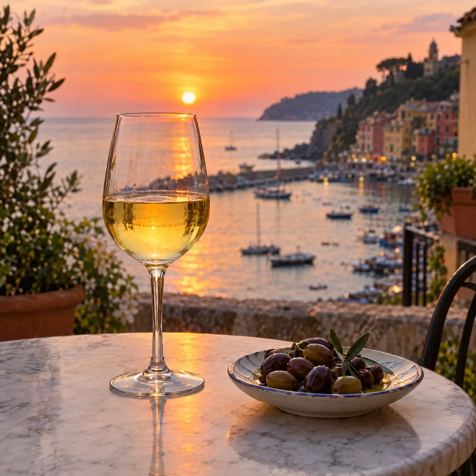 Un bicchiere di Vermentino in terrazza al tramonto